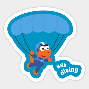 cartoon illustration of skydiving with litlle dinosaur Sticker